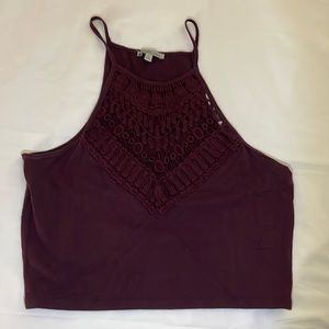 Charlotte Russe cropped maroon tank top with mesh like front with pattern